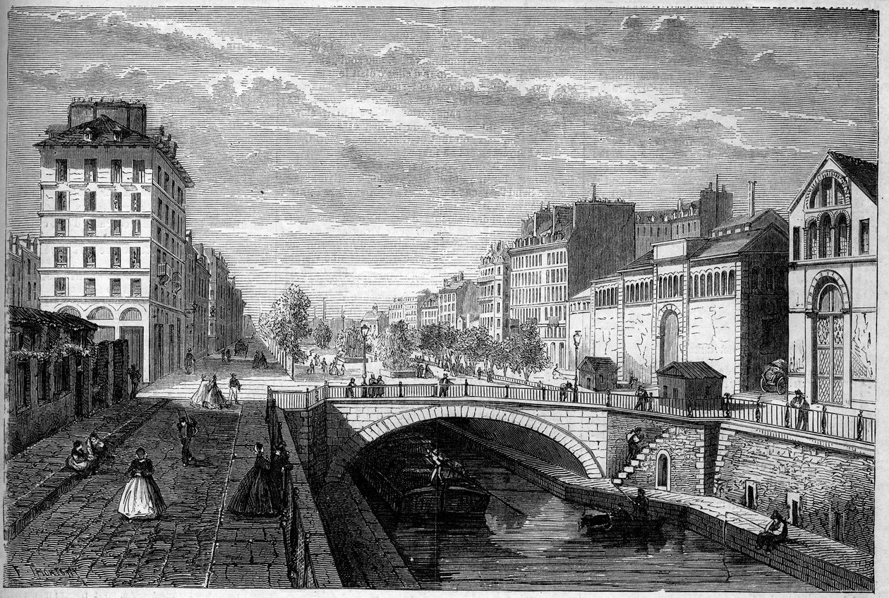 Pariisin muunnokset toisen imperiumin aikana, Haussmann-Pariisi: näkymä Richard Lenoir -bulevardille, joka on perustettu Saint Martin -kanavan holviin. Kaiverrus "" Le Monde Illustré" -julkaisussa nro 233, 28. syyskuuta tekijältä French School