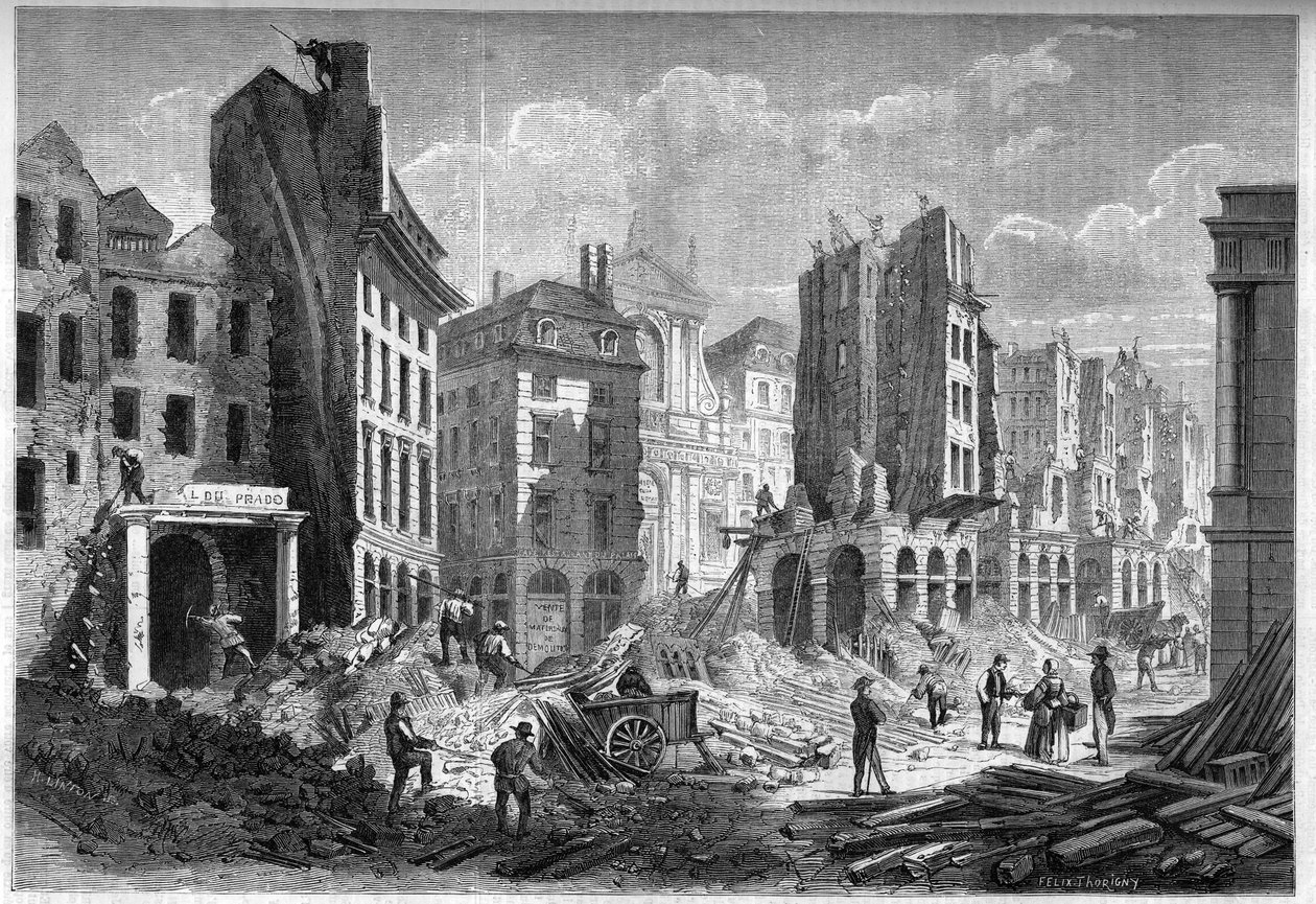 Pariisin muunnokset toisen imperiumin aikana, Paris Haussmann: Rue de la Barillerien purku Boulevard Sebastopolin lävistystä varten. Kaiverrus "" Le Monde Illustré" -julkaisussa nro 126, 10. syyskuuta 1859. tekijältä French School