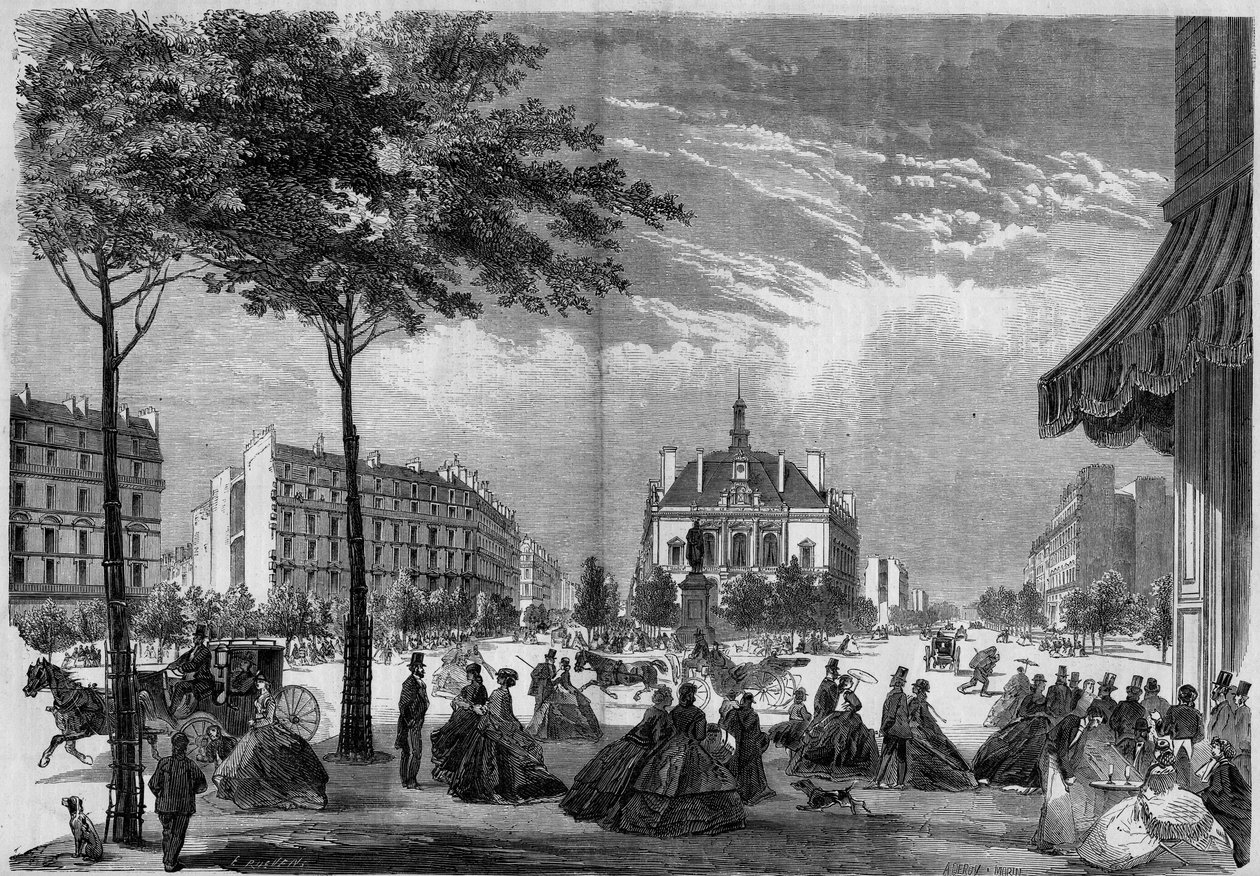 Pariisin muunnokset toisen imperiumin aikana, Paris Haussmann: Pariisin XI kaupunginosan uusi kaupungintalo. (Näet Voltaire Boulevardin ja Parmentier Avenuen). Painovoima vuodelta 1865. tekijältä French School