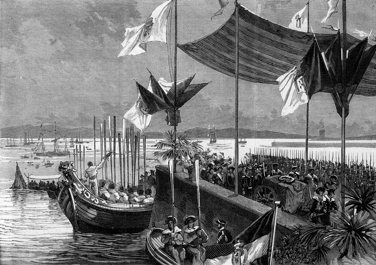 Käännös Luis Vaz de Camoesin ja Vasco de Gaman tuhkasta, Portugali, 9. kesäkuuta 1880: Belemin satamassa haukkuivat Camoanina tunnetun runoilija Luis Vaz de Camoesin (1525-1580) ja navigaattori Vasco de Gaman jäännökset (1459-1524). Kaiverrus kirjaimella " tekijältä French School