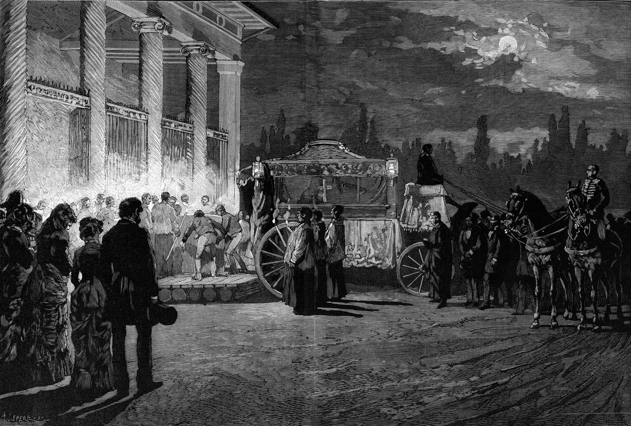 Käännös paavi Pius IX:n (1792-1878) tuhkasta: korteesin saapuminen Pyhän Laurentiuksen kirkkoon Roomassa 12. heinäkuuta 1881. Pelicerin kaiverrus "" Le Monde Illustré" -julkaisussa nro 1271, 6. elokuuta 1881 . tekijältä French School