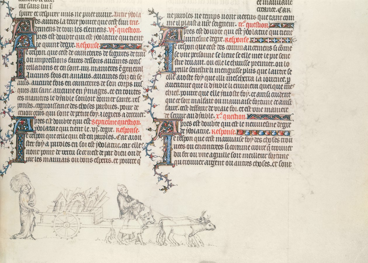 Tavaroiden kuljettaminen härän vetämissä kärryissä, keskeneräinen pienoismalli Jean de Syn Raamatusta, n. 1355 tekijältä French School