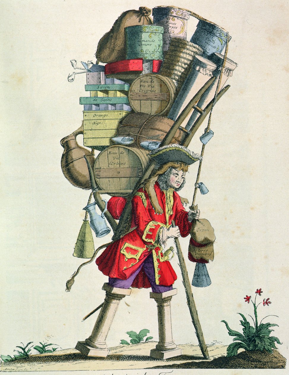 Travelling Spice, Liquor ja Remedy Myyjä vuonna 1721, Costumes de Paris a Travers les Siecles, julkaistu 1887 (värikaiverrus) tekijältä French School