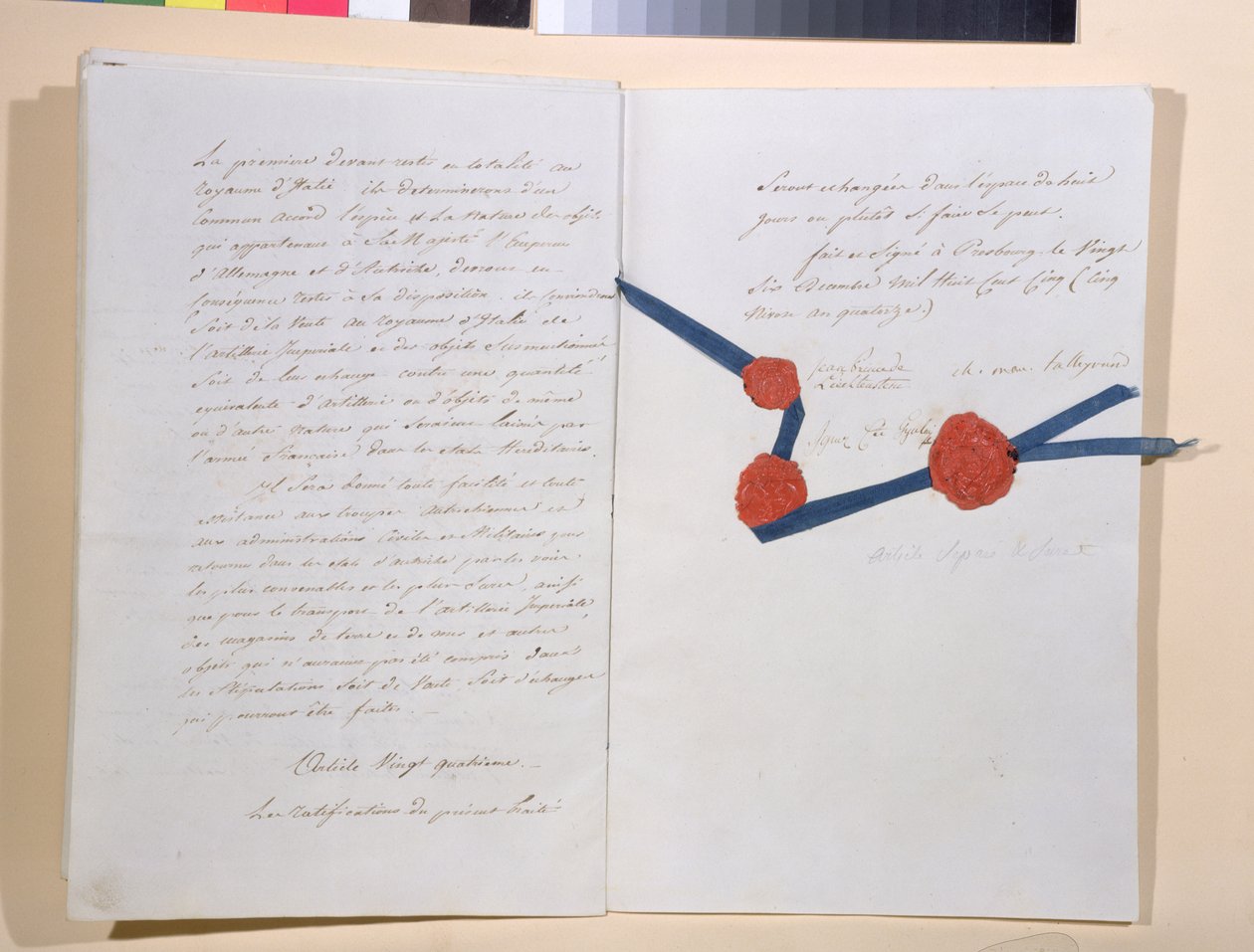 Napoleon I:n (1769-1821) ja keisari Franz II:n (1768-1835) välinen sopimus, allekirjoitettu Presburgissa 26. joulukuuta 1805 (kynä ja muste paperille) tekijältä French School