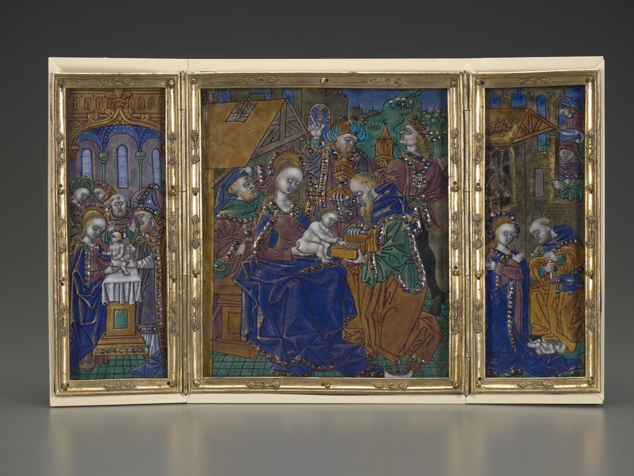 Triptyykki: Ympärileikkaus, ilmestyspäivä, syntymä, noin 1490 (emali kuparille). tekijältä French School