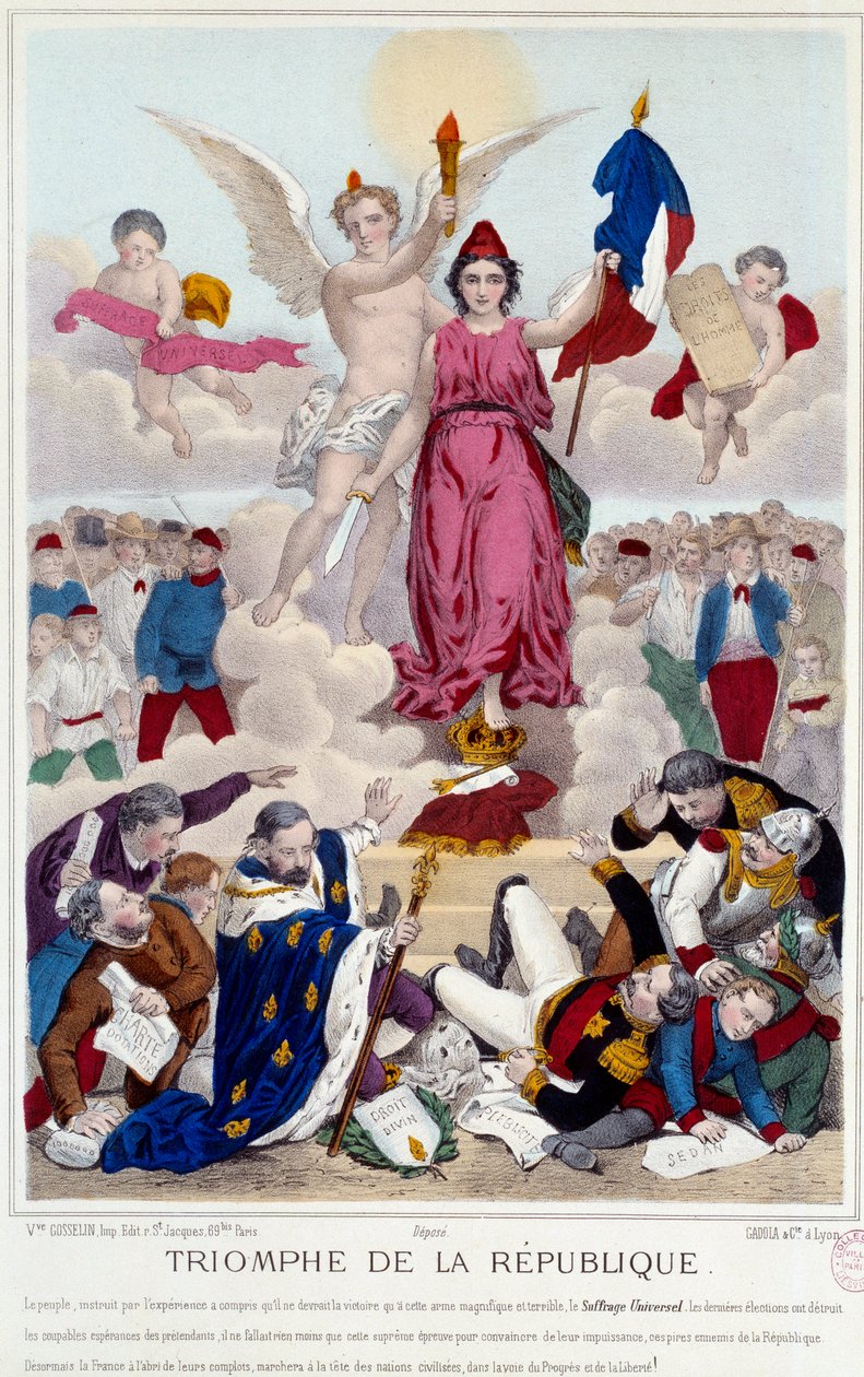 Tasavallan riemuvoitto, kaiverrus vuodelta 1875. Allegoria yleisestä äänioikeudesta, joka tuhoaa tasavallan viholliset: "[...] Mutta Ranska on suojassa heidän salaliitoltaan ja kulkee sivistyneiden kansojen kärjessä edistyksen ja vapauden tiellä". tekijältä French School