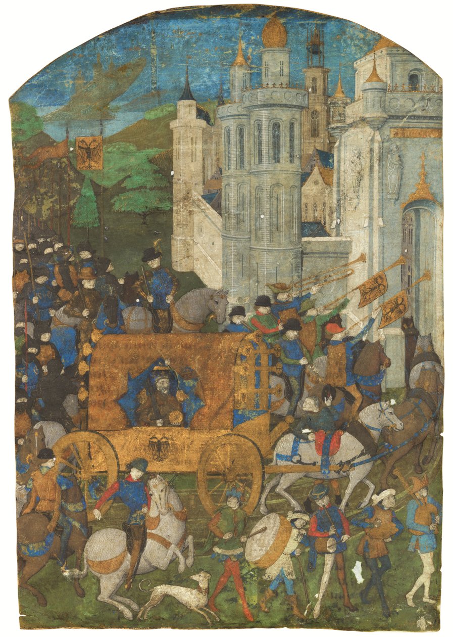Pyhän Rooman keisarin voittokulkue, leikattu käsikirjoituksesta, Rouen, 1400-luvun kolmas neljännes tekijältä French School