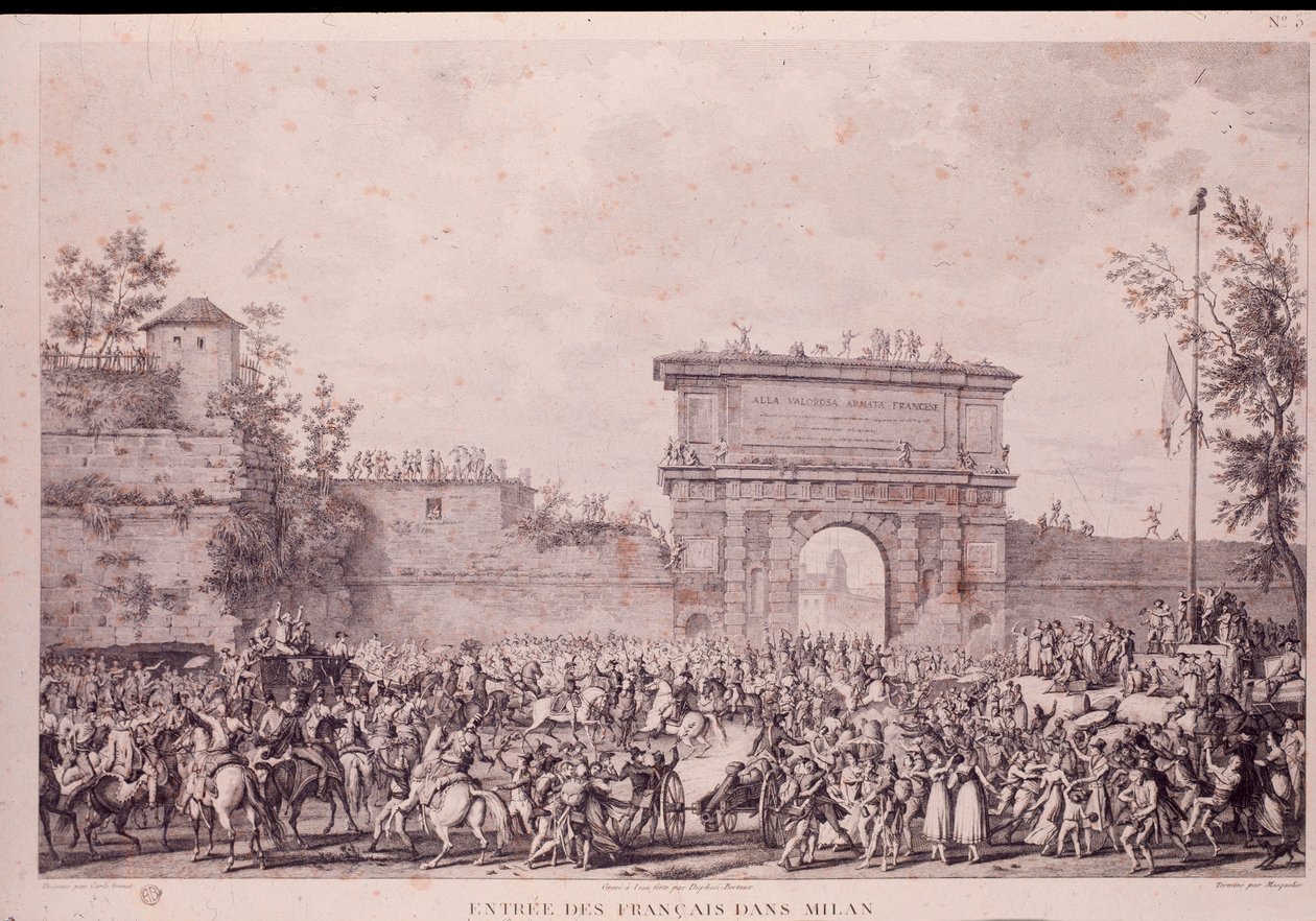 Napoleon Bonaparten johtamien ranskalaisten joukkojen riemuvoitto Milanossa 15. toukokuuta. tekijältä French School