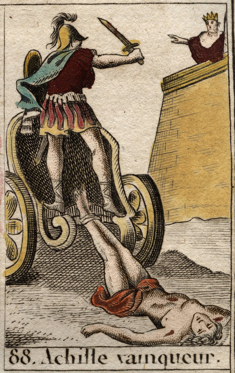 Troijan sota: Voittoisa Akhilleus raahaa Hectorin elotonta ruumista Troijan porttien eteen. Pierre Blanchardin "Nuoruuden mytologiasta" vuodelta 1803. tekijältä French School