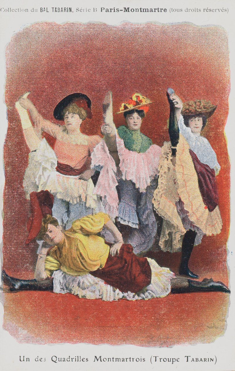 Troupe Tabarinin tanssijoita Bal Tabarinissa (värilitografia) tekijältä French School