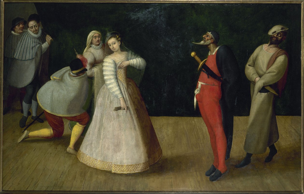 Italialaisten koomikkojen seurue (Gelosi), noin 1580 (öljy) tekijältä French School