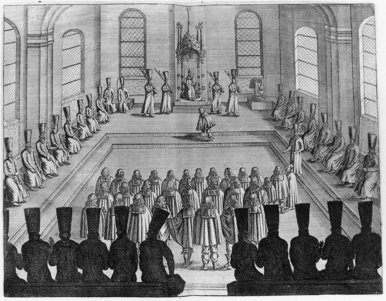 Tsaari Aleksei I Mihailovitš (1629-76) vastaanottaa lännen suurlähetystön, Adam Oleariuksen Moskovan, Tartaarin ja Persiassa tekemien erittäin uteliaiden ja erittäin tunnettujen matkojen I osa, kääntäjä Wicq tekijältä French School