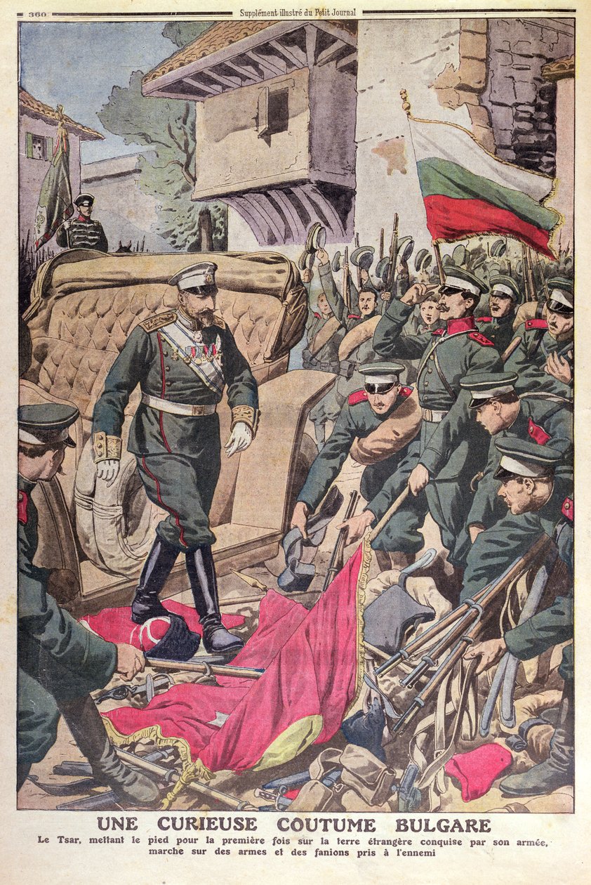 Bulgarian tsaari Ferdinand I (1861-1948) käveli valloitettujen lippujen yli Balkanin sodan aikana 1912, marraskuu 1912 tekijältä French School