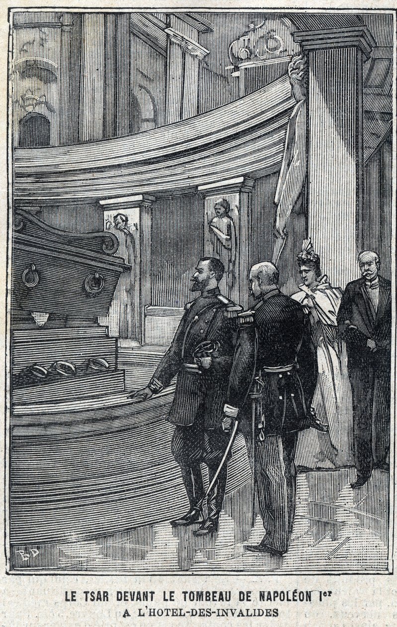 Venäjän tsaari Nikolai II (1868-1918) ja tsaariina Aleksandra Fiodorovna Romanova (1872-1918) Napoleon I Bonaparten haudan edessä Pariisin Hotel des Invalidesissa, "Le Petit Parisien" -rakennuksessa” tekijältä French School
