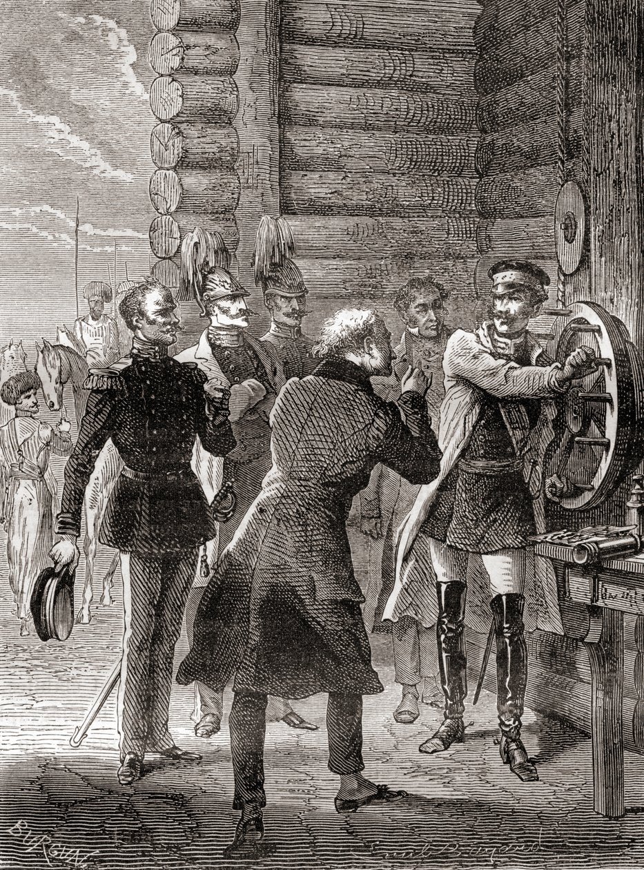 Tsaari Nikolai I vihkii käyttöön semaforisen lennätinlinjan Moskovan ja Varsovan välillä vuonna 1833 käyttäen Claude Chappen semaforijärjestelmän muunnelmaa, Les Merveilles de la Science -julkaisusta, julkaistu n. 1870 (kaiverrus) tekijältä French School