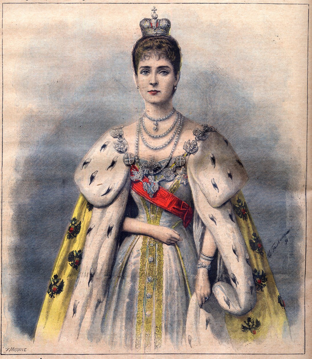Venäjän tsaaritar Aleksandra kruunausvaatteissaan - tsaaritar Aleksandra Fiodorovna pyhän puvussa. Kuvitus Le Petit Journaliin, 24. toukokuuta 1896 (kaiverrus) tekijältä French School