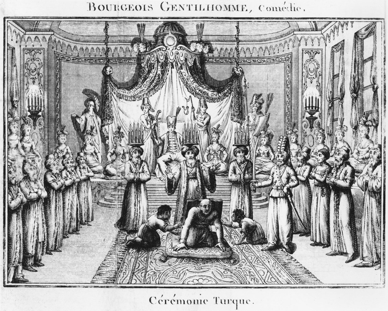 Turkkilainen seremonia, kuvitus Molieren Le Bourgeois Gentilhommesta, painos 1801 tekijältä French School