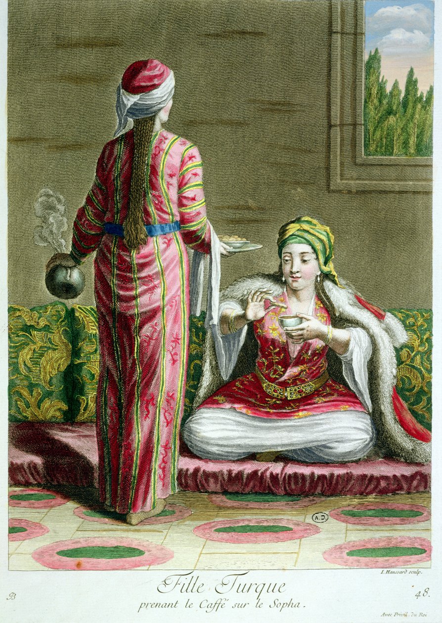 Turkkilainen tyttö juomassa kahvia sohvalla, Levantin pukukuvien kokoelmasta, kaiverrus I. Haussard, 1707-08 tekijältä French School