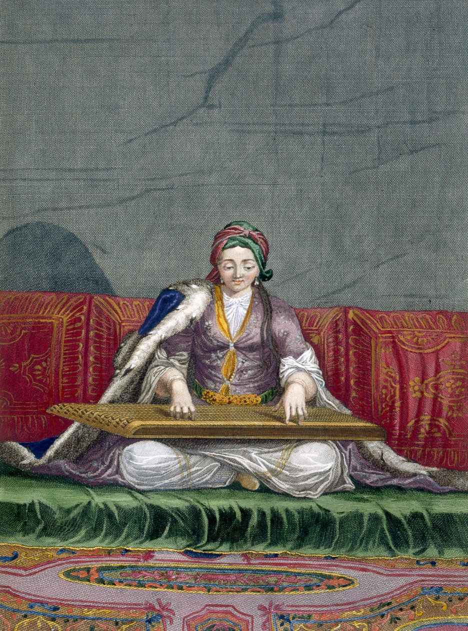 Turkkilainen tyttö soittamassa kosketinsoittimella, Charles de Ferriolin kokoelmasta Sata Levantin eri kansakuntia edustavaa vedosta, kaivertanut Gerard Scotin (1671-1716) tekijältä French School