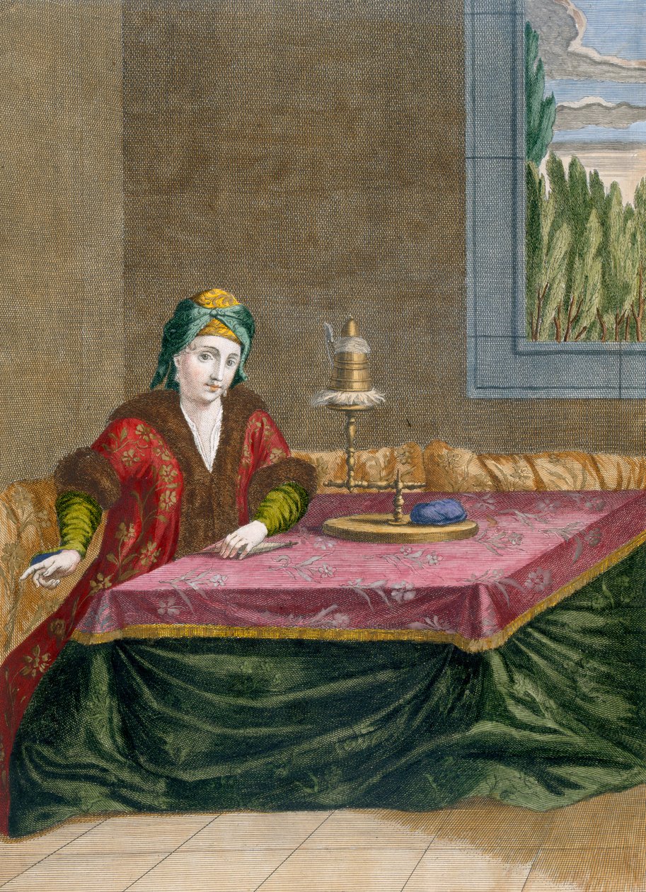 Turkkilainen nainen kehrää lankaa, n.1708 tekijältä French School