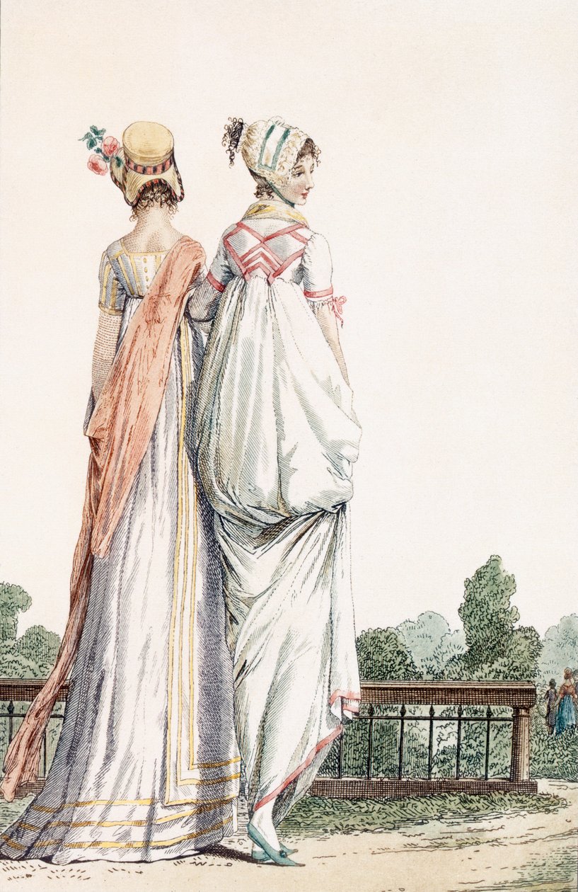 Two Ladies in Promenade Dresss, 1796 99:nainen; perinteinen puku; perinteinen asu; muoti; c18th; kävely; takaisin; valkoiset mekot; konepelti; konepellit; hatut; pysäköidä; puutarha; tekijältä French School