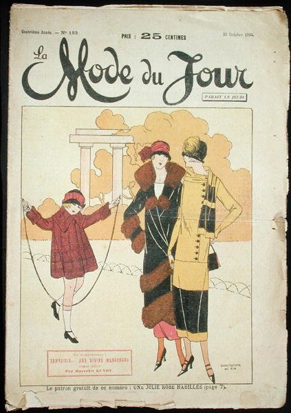 Kaksi naista ja pieni tyttö puistossa, kuvitus elokuvasta "La Mode du Jour" tekijältä French School