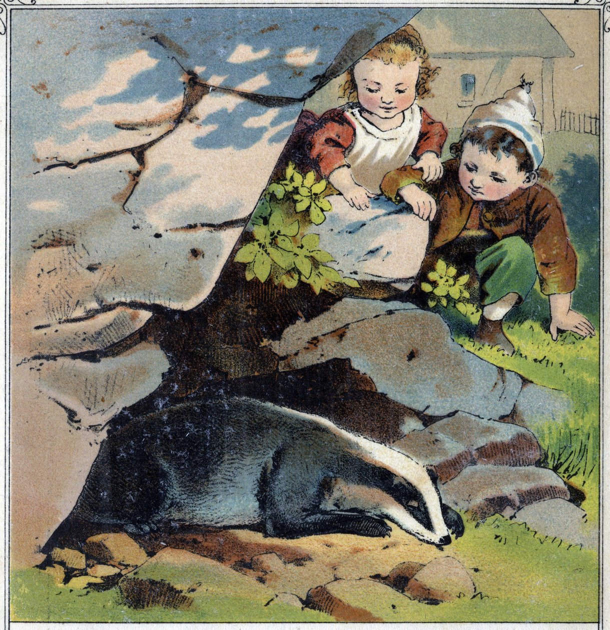 Kaksi lasta tarkkailee mäyriä hänen kaivossaan. Kromolitografia julkaisusta "" Childhood Scenes"" toim. Guerin - Muller noin 1885. tekijältä French School