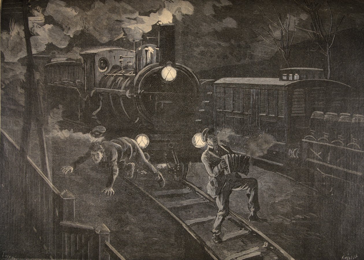 Kaksi junan osumaa miestä kuva Le Petit Journalista: Supplement illustre, 1898 tekijältä French School