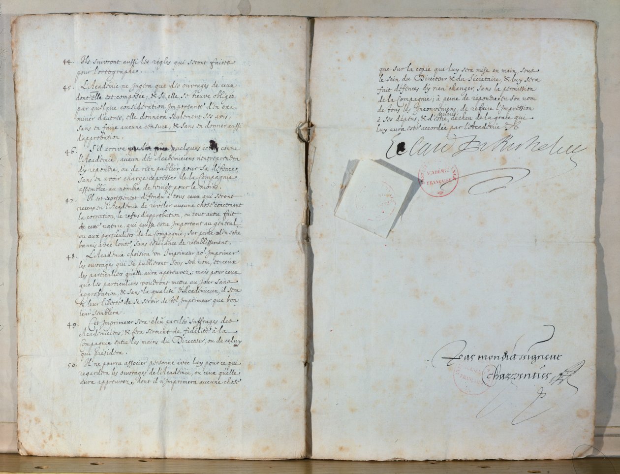 Kaksi sivua Ranskan Akatemian säännöistä, 1635 (muste paperille) (katso myös 179947) tekijältä French School