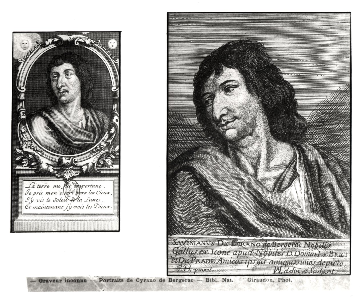 Kaksi muotokuvaa Savinien Cyrano de Bergeracista (1619-55), oikealla Zacharie Heincen (1611-69) jälkeen tekijältä French School