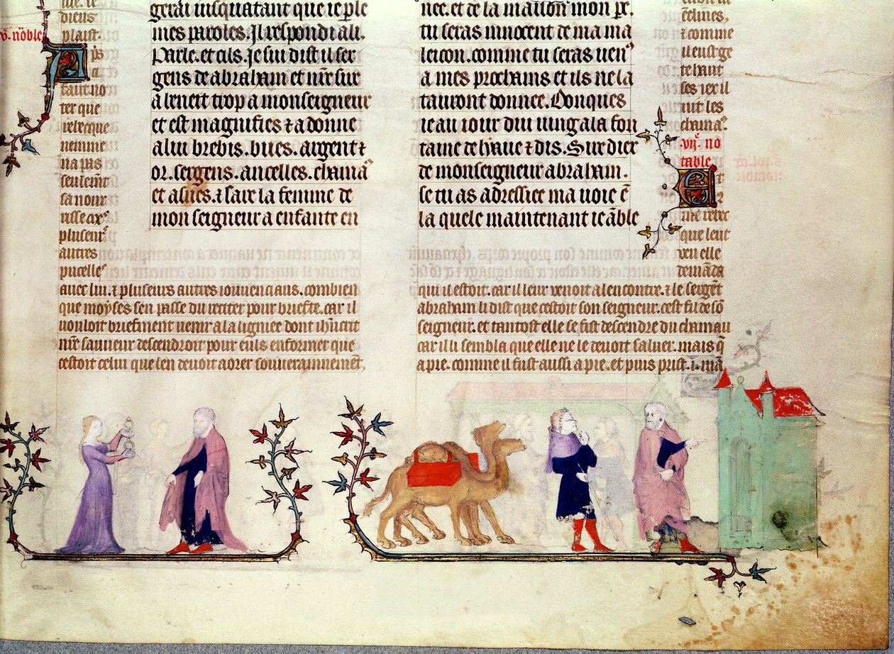 Kaksi kohtausta tarinasta Rebeccasta kaivolla, Jean de Syn Raamatusta, n. 1355 tekijältä French School