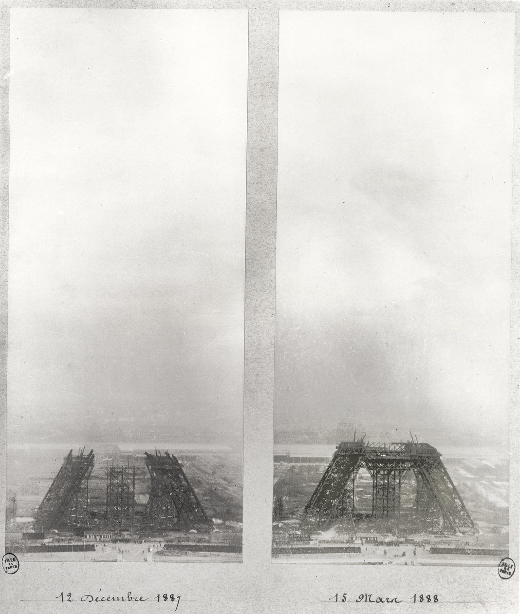Kaksi näkymää Eiffel-tornin rakentamisesta, Pariisi, 12. joulukuuta 1887 ja 15. maaliskuuta 1888 tekijältä French School