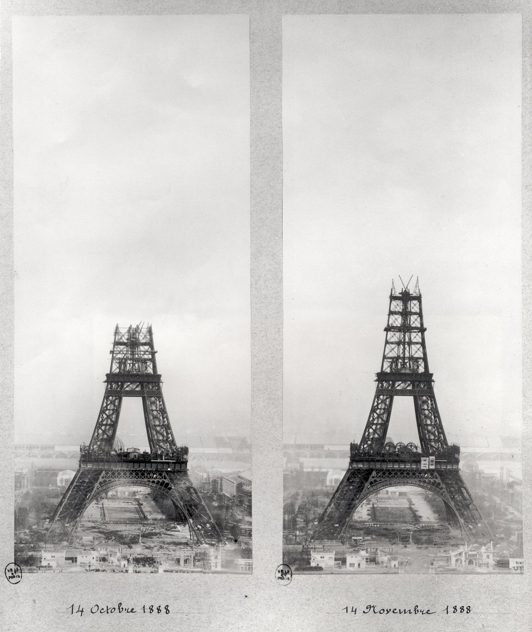 Kaksi näkymää Eiffel-tornin rakentamisesta, Pariisi, 14. lokakuuta ja 14. marraskuuta 1888 tekijältä French School