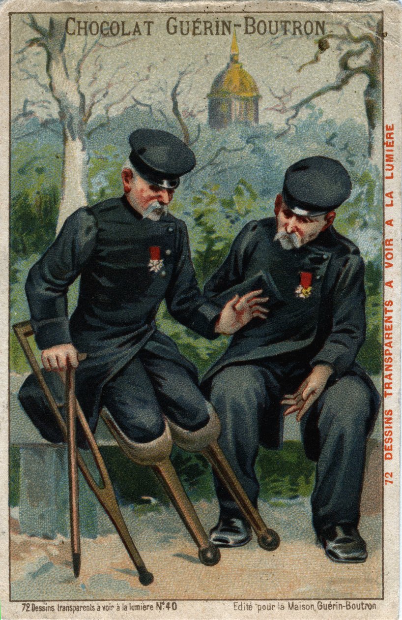 Kaksi sotainvalidia: peppu puhuu pingviinille. 1800-luvun kromolitografia. tekijältä French School