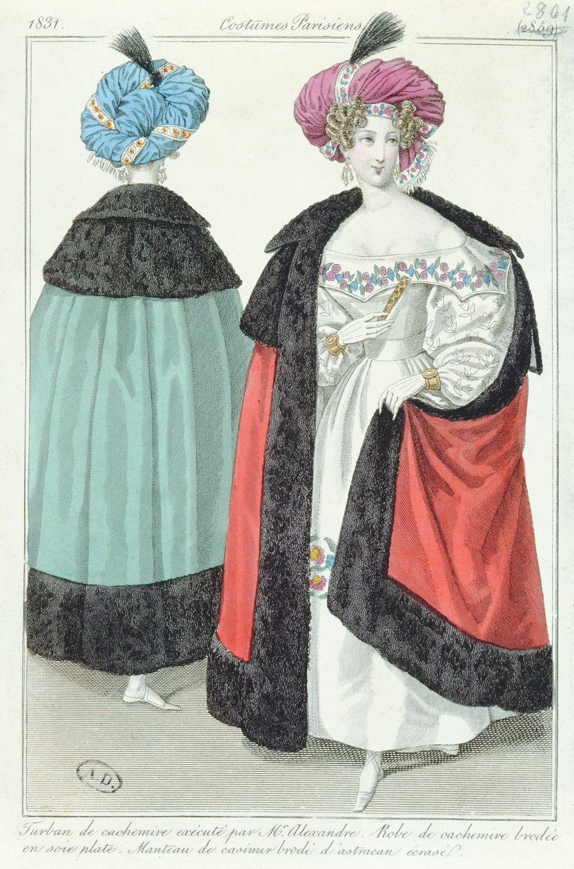 Kaksi naista turbaaneissa, mekoissa ja kashmirviitoissa, Costumes Parisiens, 1831 tekijältä French School