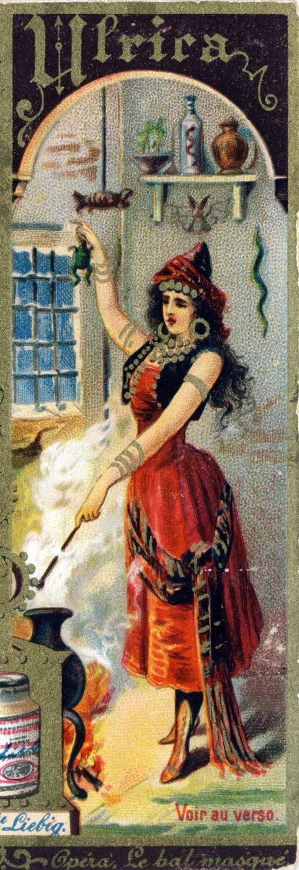 Ulrica Giuseppe Verdin oopperassa "Le bal masque" syntyi 1859. Naisten nimien aakkoset teemalla: naiselliset puvut ja oopperat Liebig mainonta kromolitografia . tekijältä French School
