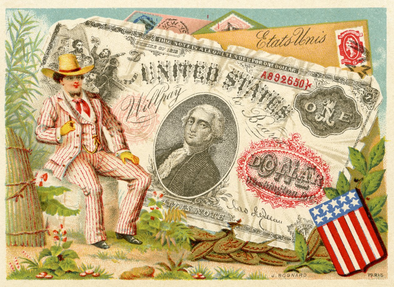 Setä Sam istuu yhden dollarin setelin vieressä eri maiden valuuttoja koskevista mainoskorttien sarjasta, jonka Bognard julkaisi Pariisissa tavaratalojen ja valmistajien käyttöön, 1886-1889 tekijältä French School