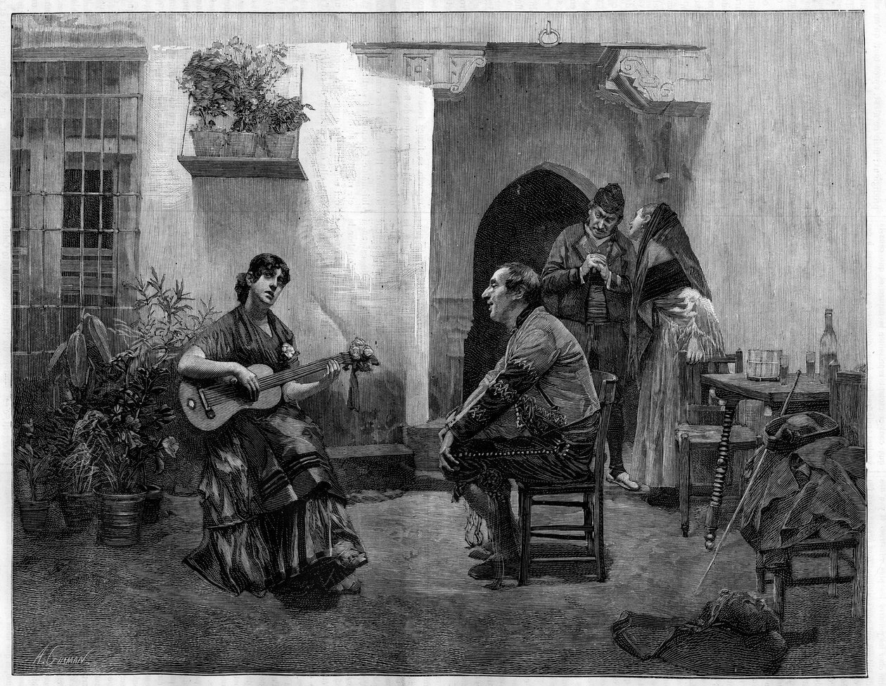 Loitsun alla: mies kuuntelee ihaillen nuorta espanjalaista kitaraa soittavaa tyttöä. Kaiverrus Jules Wormsin (1832-1914) maalauksen jälkeen teoksessa The Illustrious World, 1. toukokuuta tekijältä French School