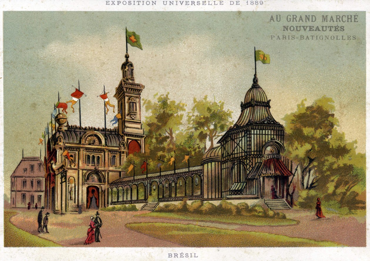 Maailmanlaajuinen näyttely 1889. Brasilian paviljonki. Paris Batignolles. 1800-luvun lopun kromolitografia. tekijältä French School