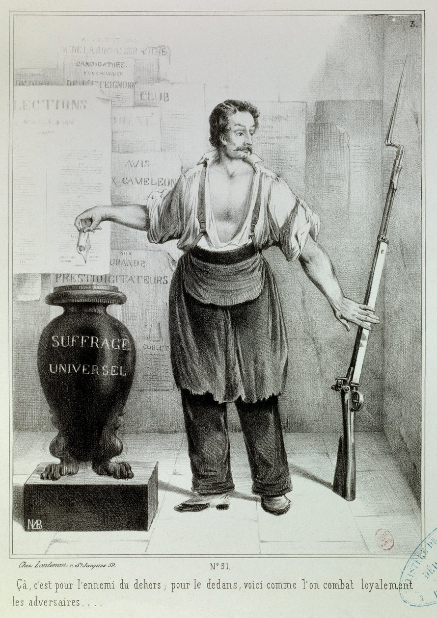 Yleinen äänioikeus ”äänestys tai kivääri”” Äänessä on taisteltava vihollista vastaan kiväärin sijaan. Kaiverrus M.L. Bosredon, huhtikuu 1848. Paris, Musee Carnavalet tekijältä French School