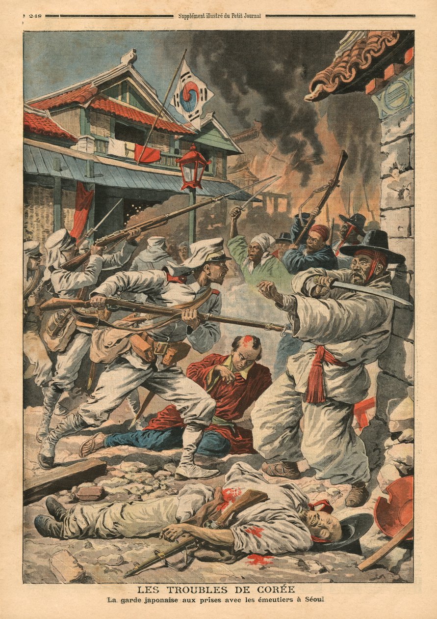 Levottomuudet Soulissa, Koreassa, kuvitus Le Petit Journalin kuvaliitteestä, 4. elokuuta 1907. tekijältä French School
