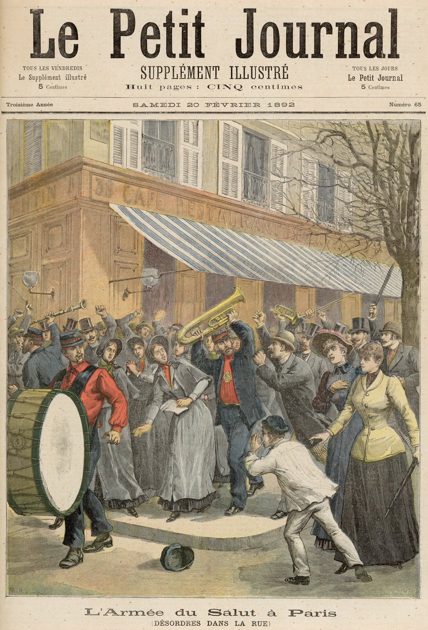 Kapina pelastusarmeijan kulkuetta vastaan Pariisissa, Le Petit Journal, 20. helmikuuta 1892 (värikaiverrus). tekijältä French School