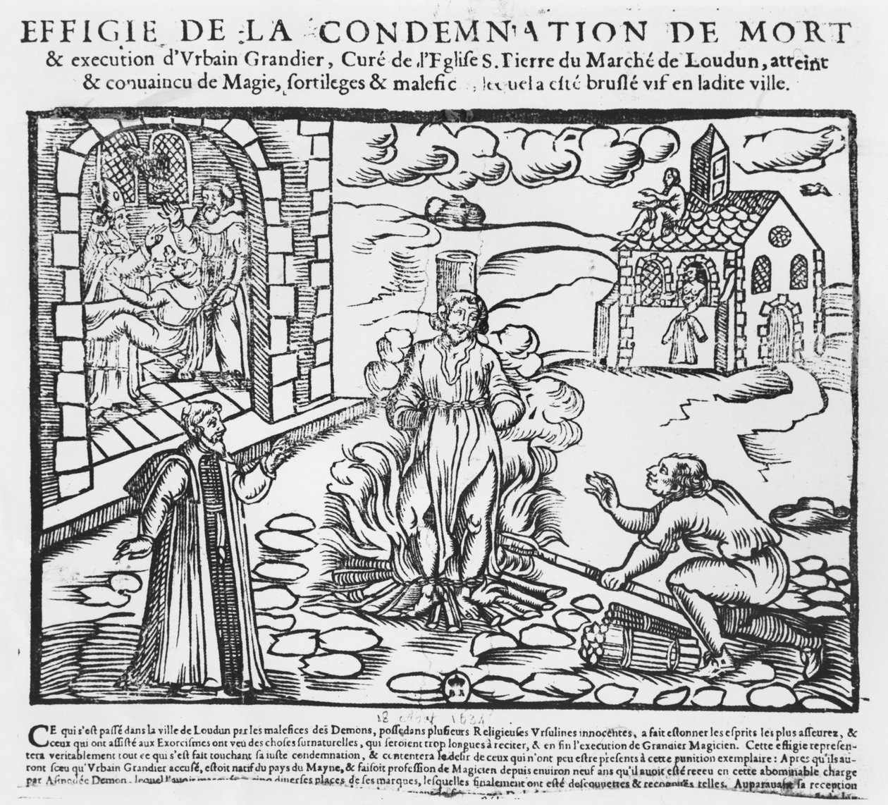Urbain Grandier poltettiin roviolla Loudunin omistuksen tapahtumien jälkeen, 1634 (puukaiverrus) tekijältä French School