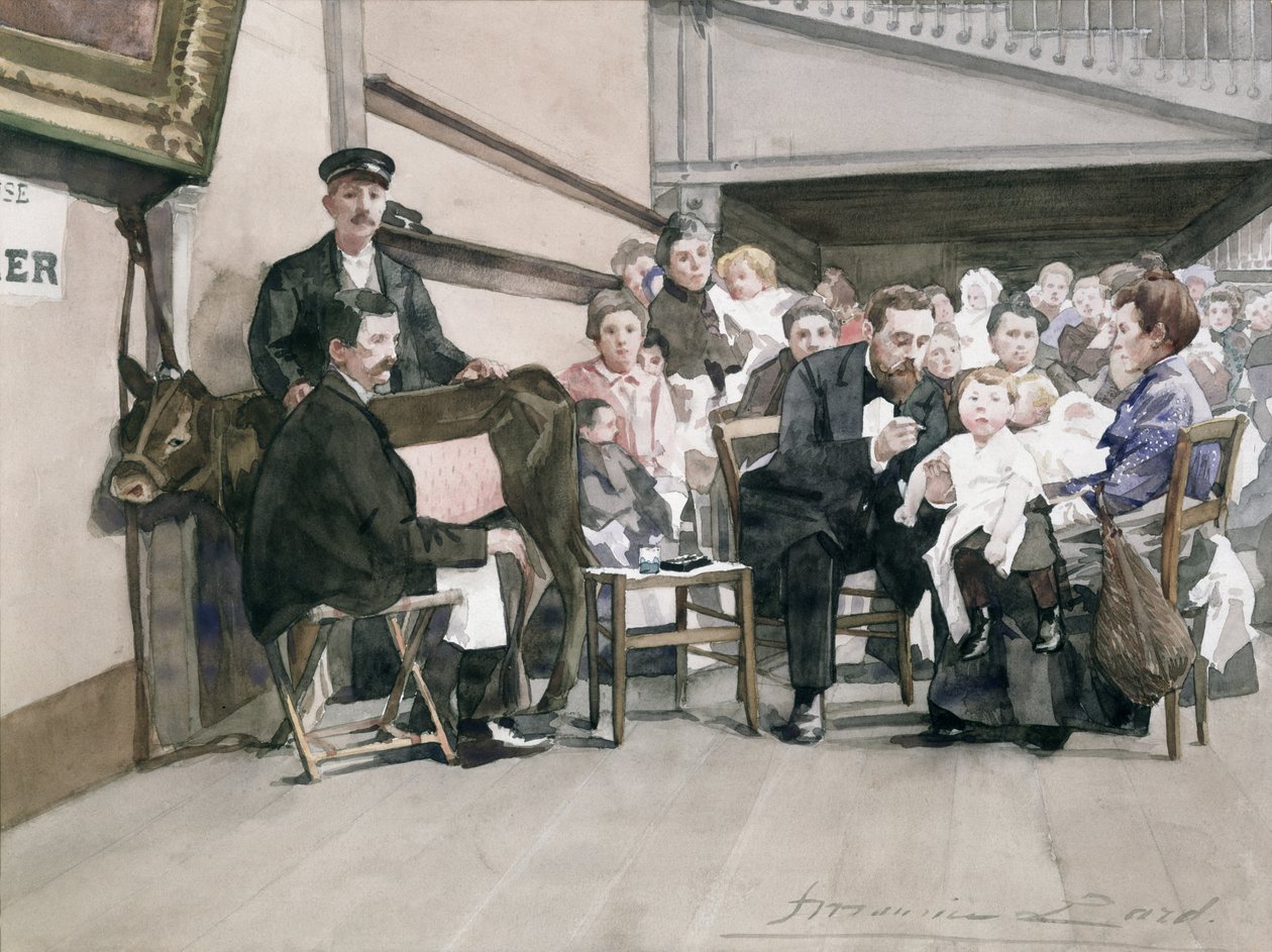 Vauvojen rokotus Institut de la Vaccine -instituutissa, Pariisissa, n. 1900 (wc paperilla) tekijältä French School