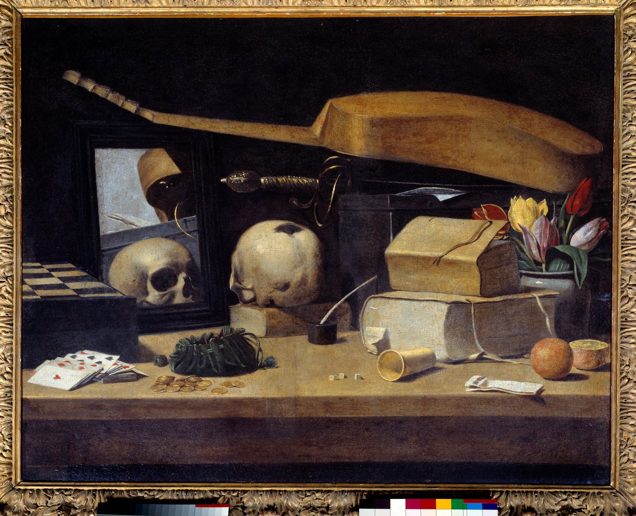 Vanitas Still Life (vanite) korttipakan, instrumentin ja kallon kanssa. Ranskalaisen koulun maalaus. 17. vuosisata. Aurinko 0,72x0,9 m tekijältä French School