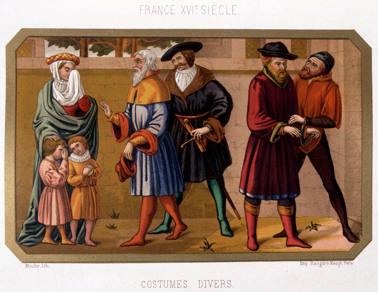 Erilaiset porvariston puvut 1500-luvulla - kromo. 1800-luku aikakauden asiakirjan perusteella tekijältä French School
