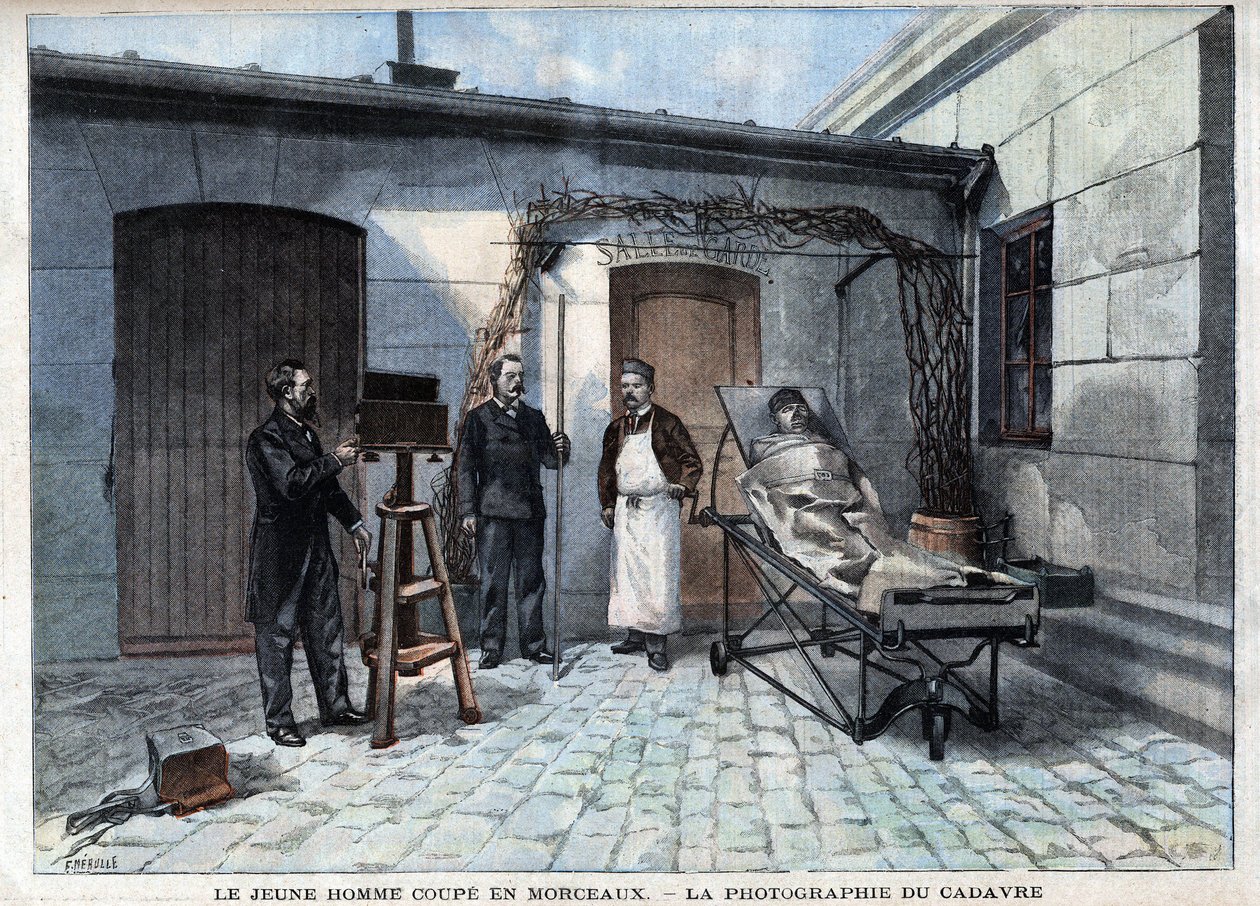 Erilaisia faktoja: valokuva ruumiista, joka on leikattu paloiksi Alphonse Bertillonin (1853-1914), ranskalaisen tiedemiehen, antropometrian luojan palveluksessa. - "" Le Petitle Parisien "" tekijältä French School