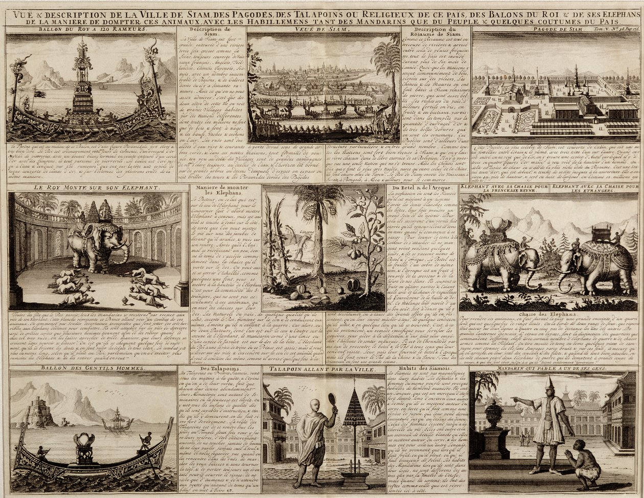 Erilaisia näkemyksiä Siamista ja Ayutthayasta, Simon de la Louberen Du Royaume de Siamista, julkaistu vuonna 1688 tekijältä French School