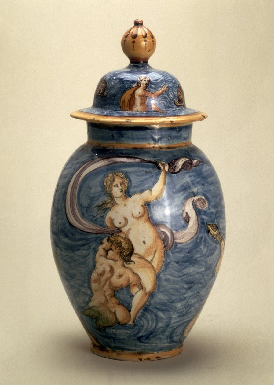 Maljakko, koristeltu merijumaloilla, Nevers, 1600-luvun alku (maiolica monivärisellä maalauksella) tekijältä French School