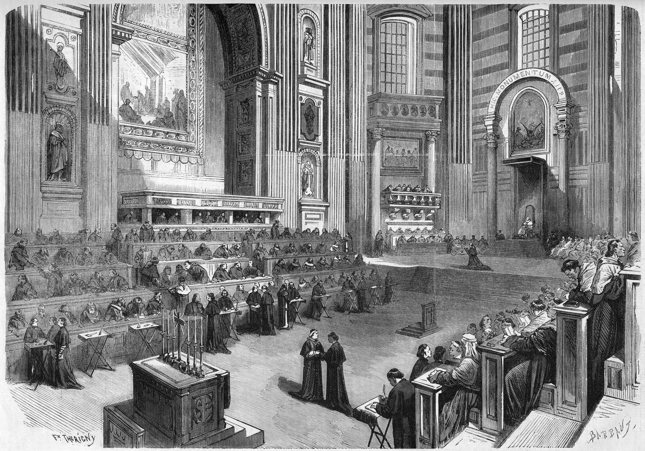 Vatikaanin kirkolliskokous 1 (1869-1870): Ensimmäinen kokous pidettiin 9. joulukuuta 1869 Pyhän Pietarin kirkon risteyksen oikealla puolella Roomassa. Kaiverrus "" Le Monde Illustré" -julkaisussa nro 663, 25. joulukuuta 1869. tekijältä French School